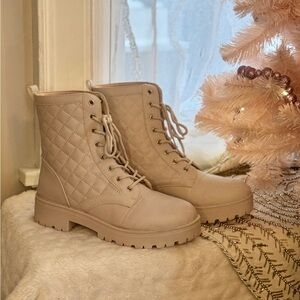 Fashion Nova Quilted Lace-Up Cream Boots